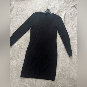 Ann Taylor Black Sweater Mini Dress with Long Sleeves and V-Neck